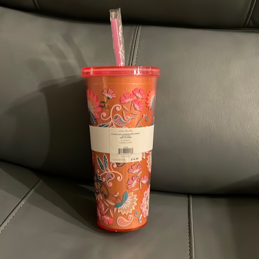 Vera Bradley Minto Flowers Travel Tumbler, 24oz, flexible straw, double wall